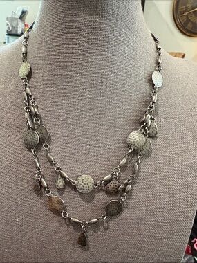 Premiere Designs hammered disc double chain silvertone necklace. Layered